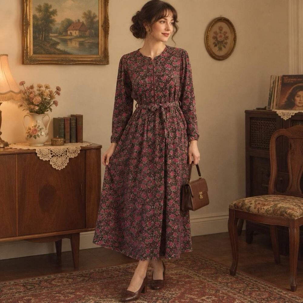 VTG 80s Paisley Ditsy Floral Velour Gown Maxi Dress Cottagecore Prairie SM/L - Picture 1 of 10